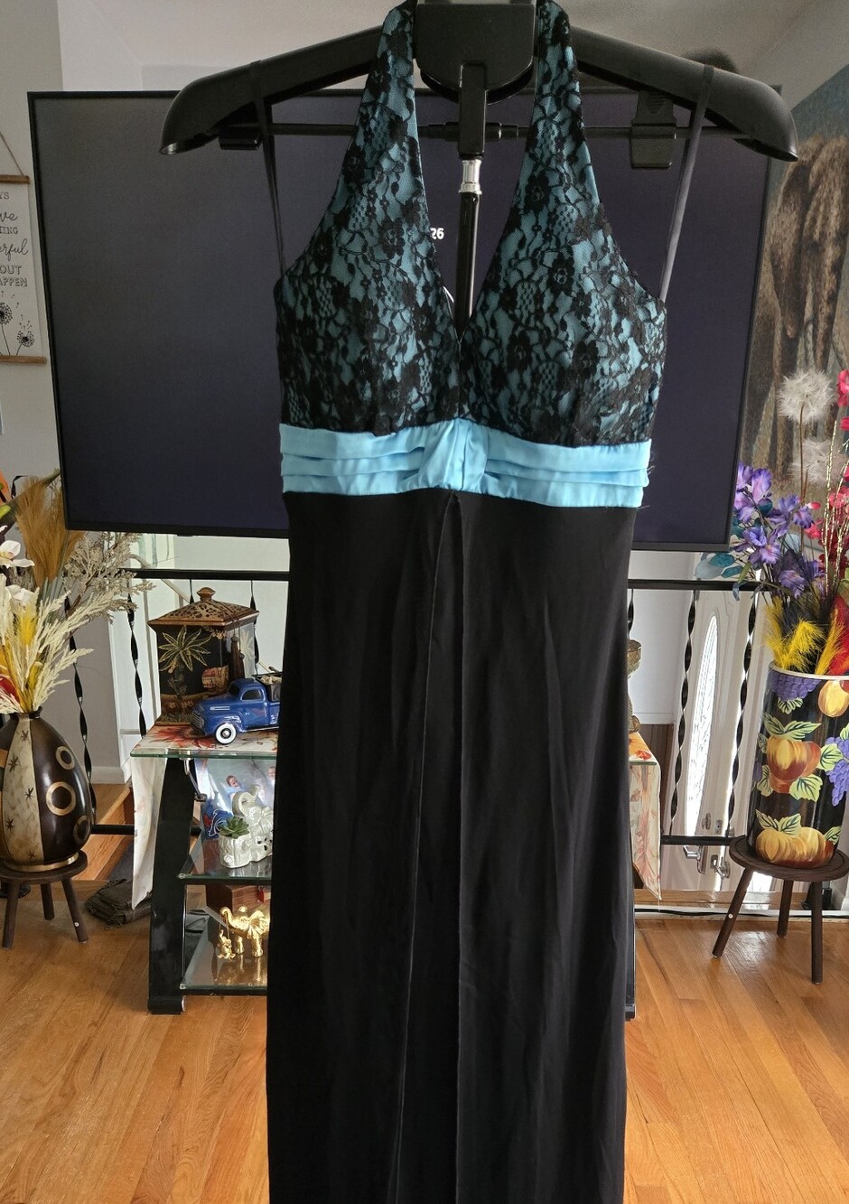 Taboo Black Maxi with Teal Lace Halter Bodice and Teal Satin Waistband